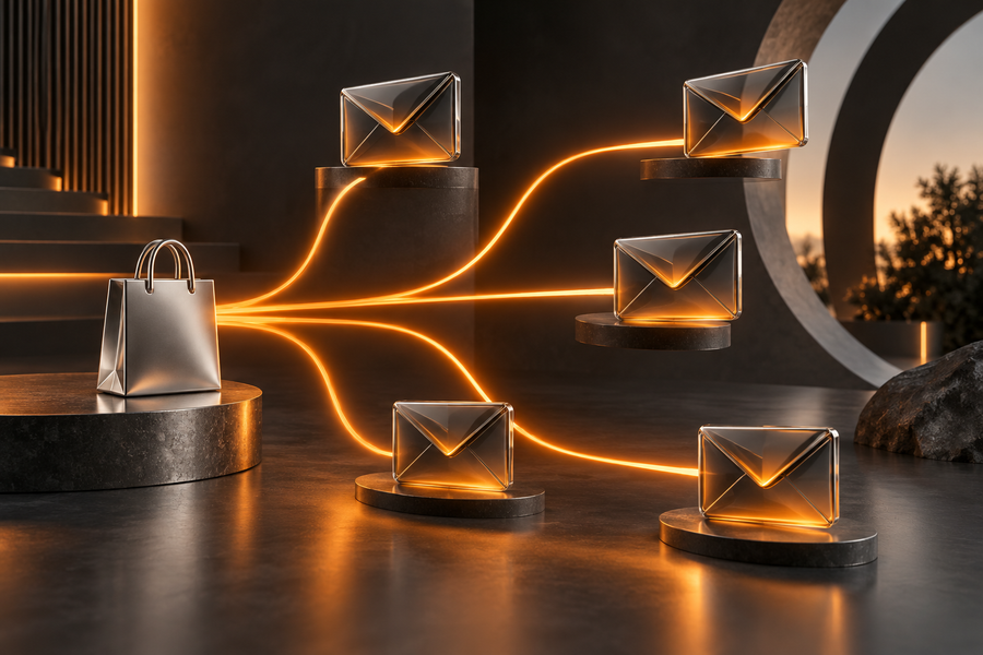 Illustration of five glass envelopes connected to an ecommerce shopping bag by orange paths.