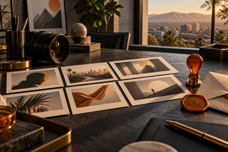 Storyboard cards, camera lens, and an approval seal