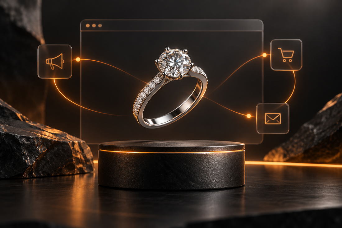 Conceptual illustration of a diamond ring connected to advertising, shopping and email symbols; not a client product photo.