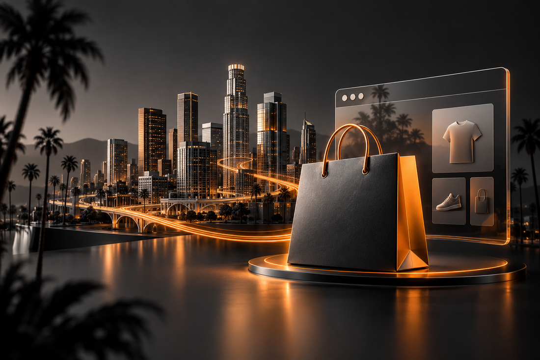 Illustration of the Los Angeles skyline connected to an ecommerce storefront by orange light trails.