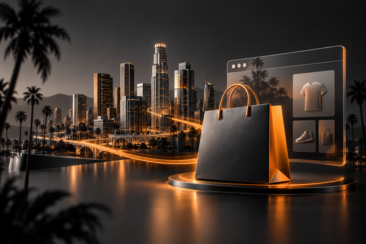 Illustration of the Los Angeles skyline connected to an ecommerce storefront by orange light trails.