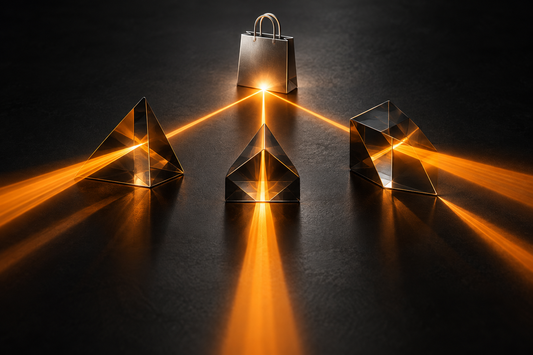 Illustration of three glass prisms showing different perspectives on one ecommerce purchase.