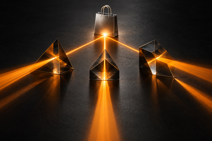 Illustration of three glass prisms showing different perspectives on one ecommerce purchase.