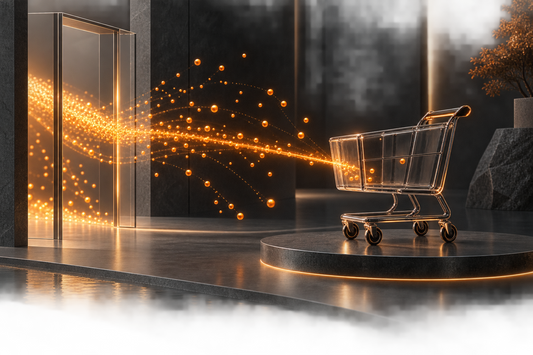 Illustration of orange visitor paths approaching a glass shopping cart, representing ecommerce conversion friction.
