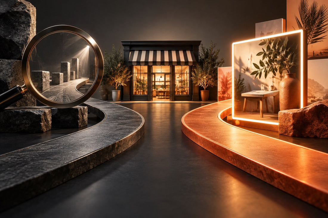 Two illuminated routes representing search and visual discovery