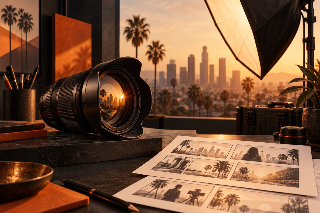Camera and storyboard frames prepared for a content shoot