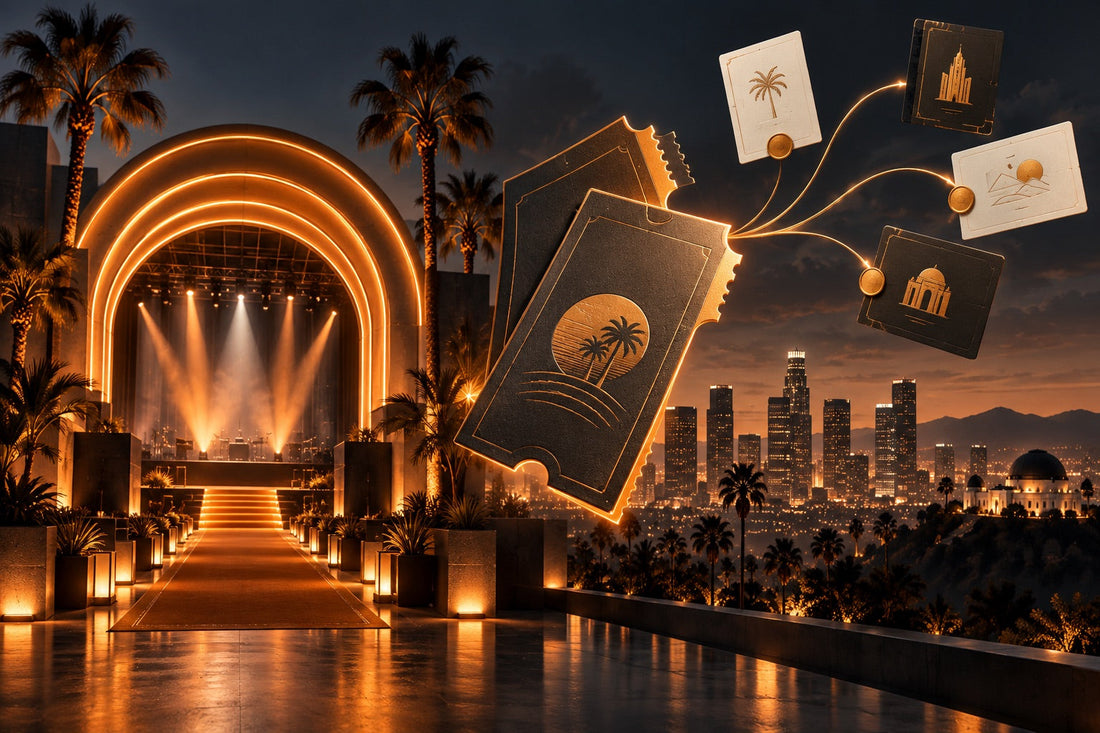 An illuminated stage with invitation cards