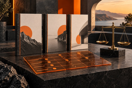 Proposal folios arranged beside a comparison grid