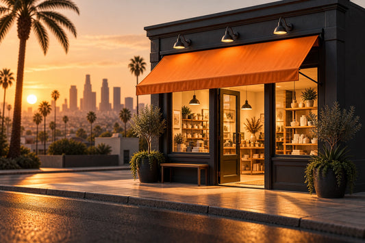 A warmly lit miniature storefront prepared to open