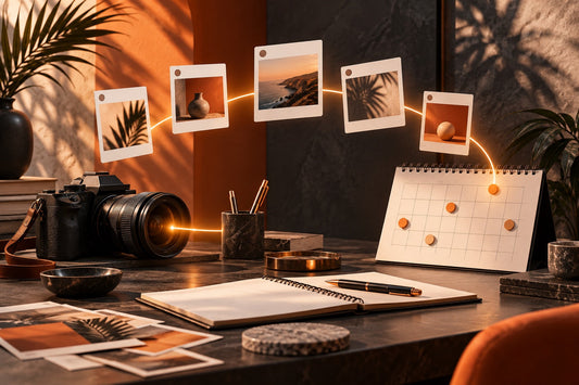Social content cards and a camera arranged on an editorial desk