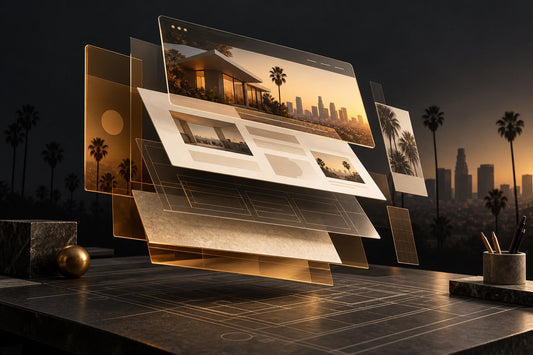 Exploded website layers in amber glass above an architectural work surface