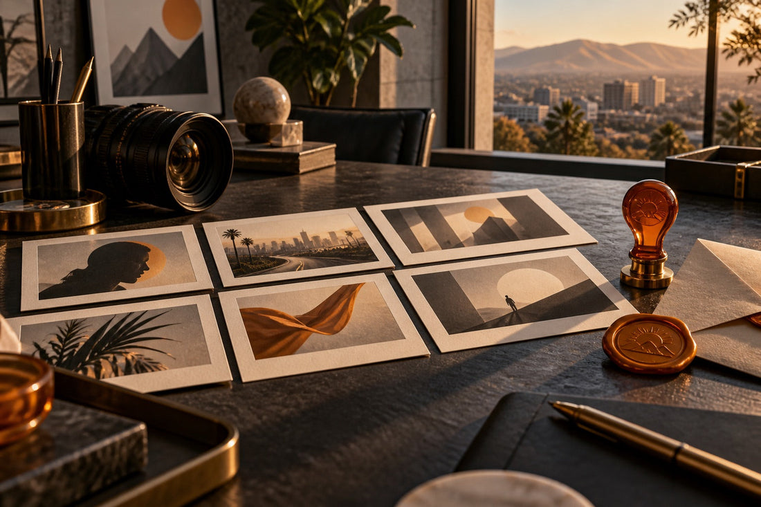 Storyboard cards, camera lens, and an approval seal